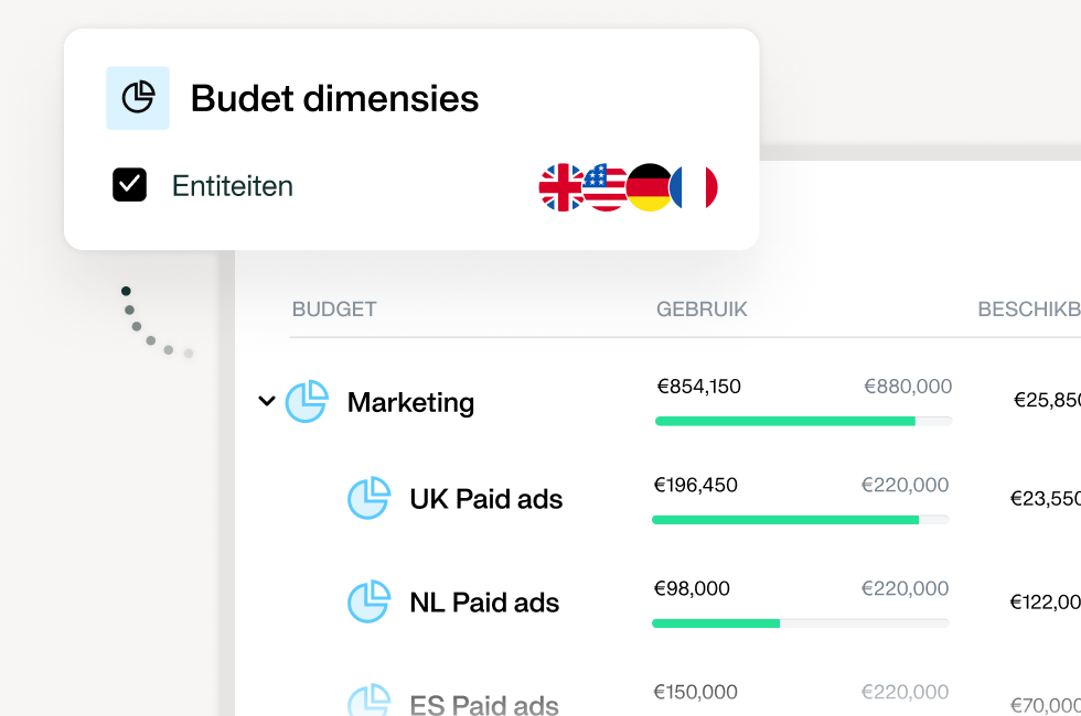 Illustratie die laat zien dat je met Payhawk verschillende budgetten en entiteiten kunt checken